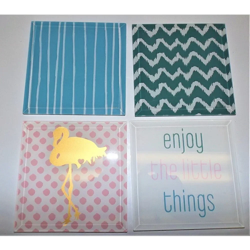 Grasslands Road set of 4 glass drink coasters flamingo, stripes, zigzag